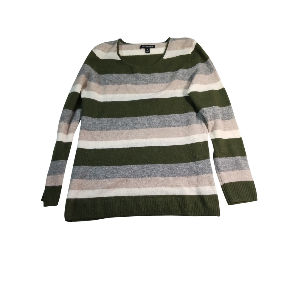 41 Hawthorn Womens 100% Cashmere Striped Scoop Neck Sweater Green Grey M